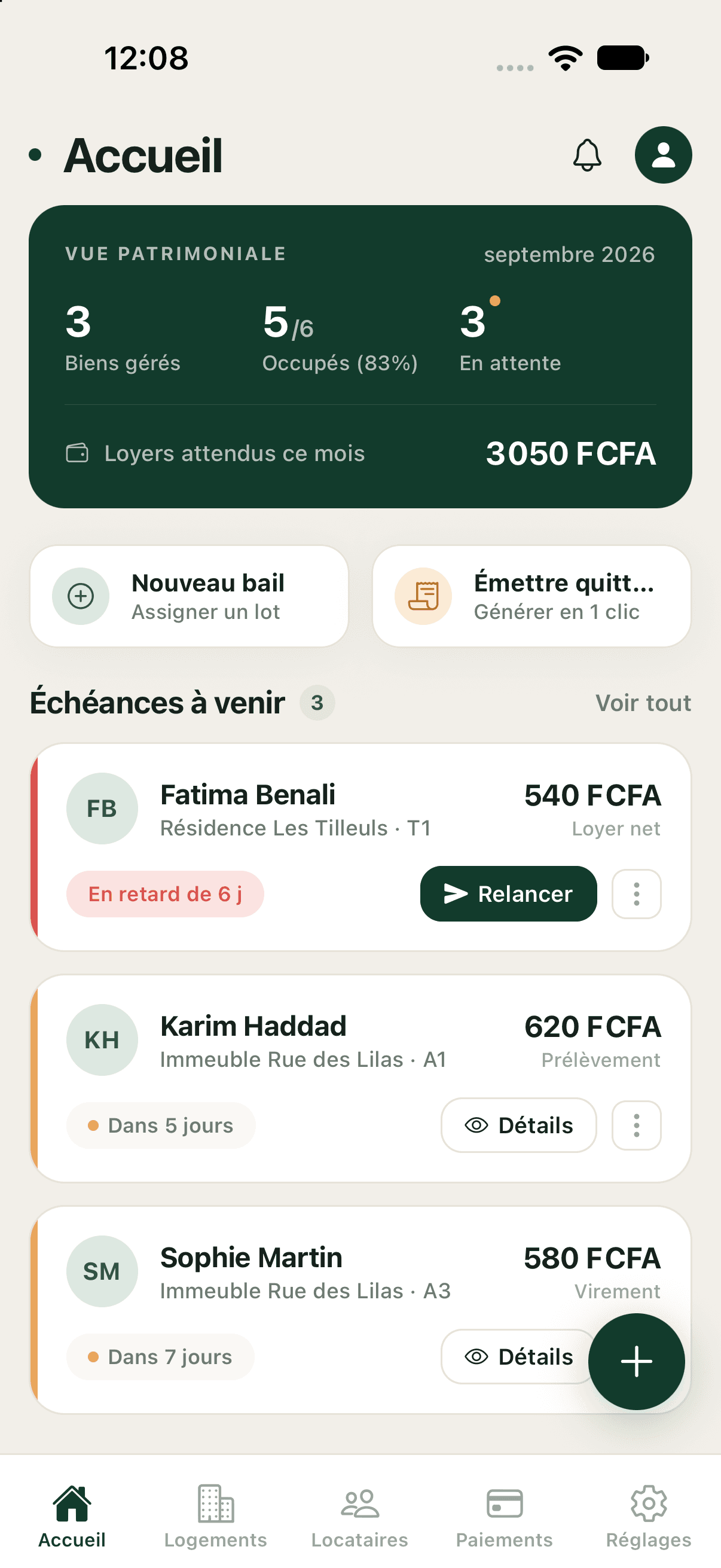 Écran d'accueil de Locatis : vue patrimoniale et échéances à venir, avec un loyer en retard à relancer